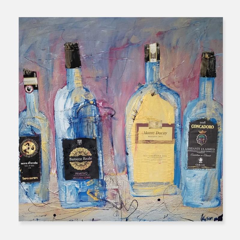 Expressive Weinflaschen vier Freunde Poster 20x20 cm