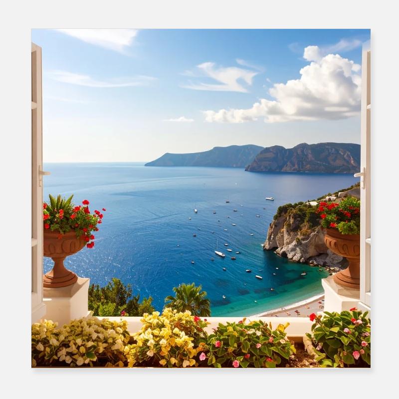 Panoramablick auf die Mittelmeerküste - Poster 20x20 cm - Weiß