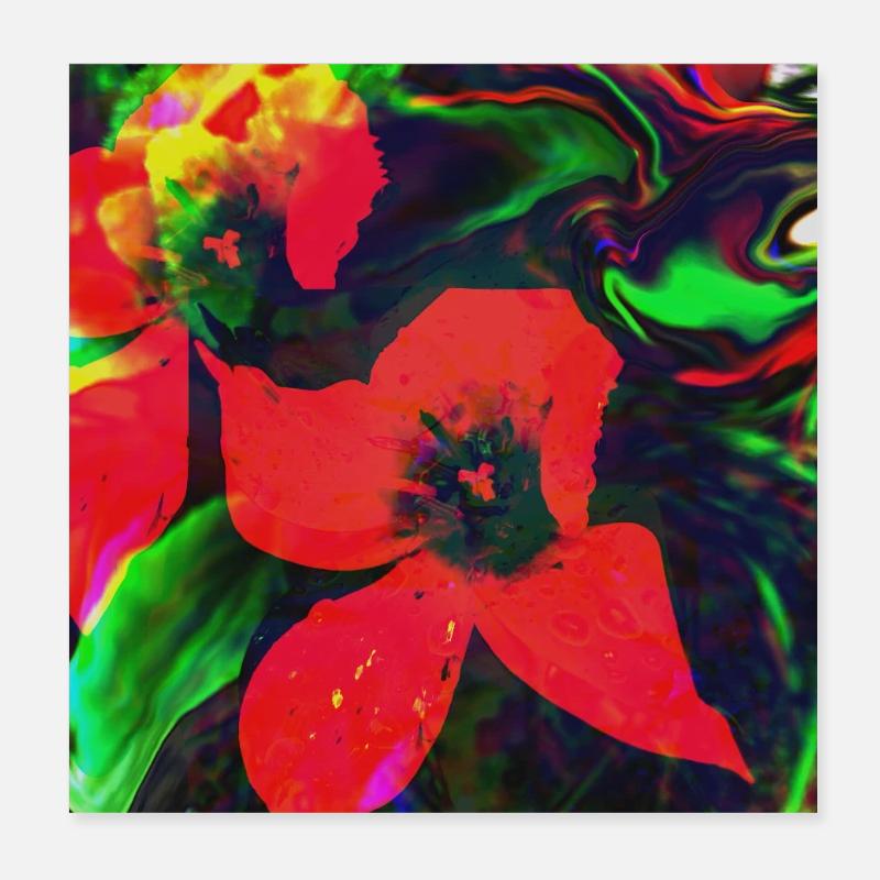 Fleurs rouge fluo dans un tourbillon de couleurs Poster 20 x 20 cm