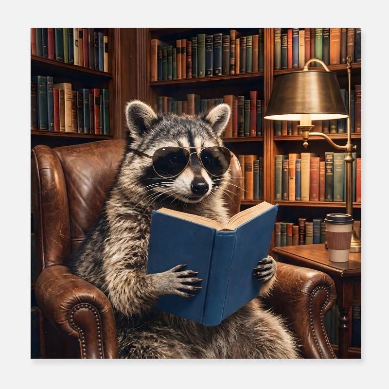 Reading raccoon in library Poster 8" x 8" (20x20 cm)