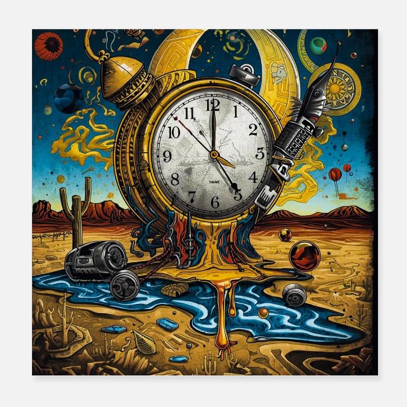 Floating Time Clock in Sand Desert Poster 8" x 8" (20x20 cm)