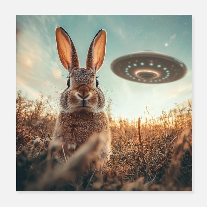 Rabbit selfie with UFO Poster 8" x 8" (20x20 cm)