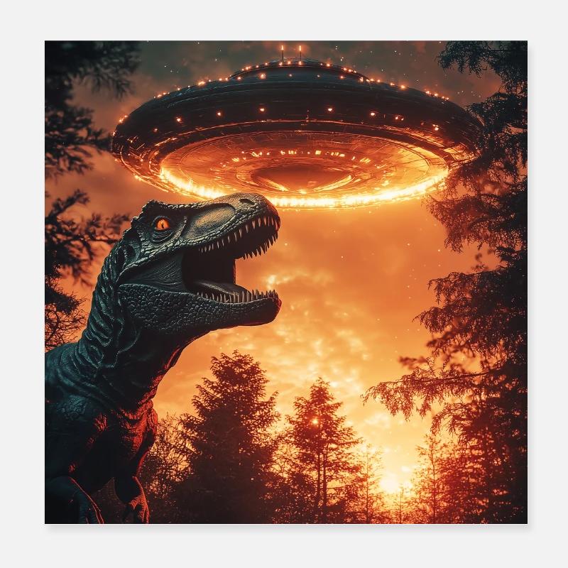 T-Rex Selfie mit UFO Poster 20x20 cm