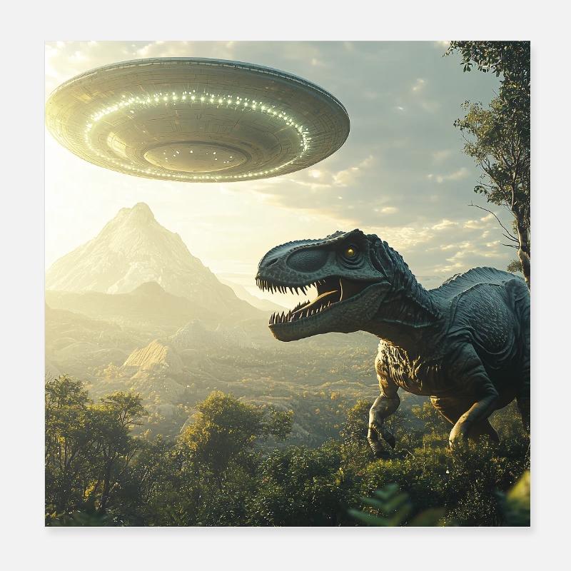 Selfie T-Rex avec OVNI Poster 20 x 20 cm