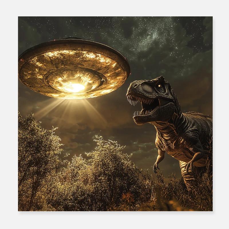 T-Rex Selfie mit UFO Poster 20x20 cm