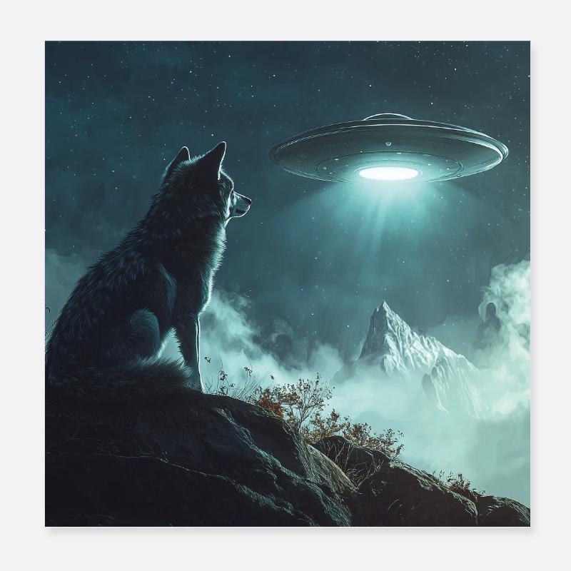 Wolf Selfie mit UFO Poster 20x20 cm