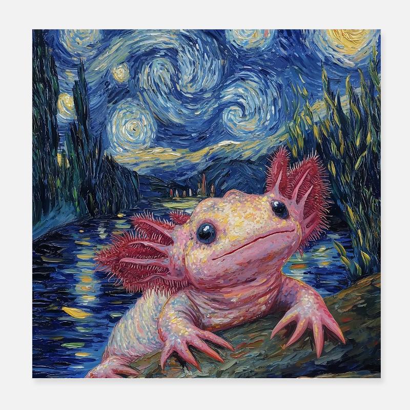 Axolotl Van Gogh Style Nuit étoilée Poster 20 x 20 cm