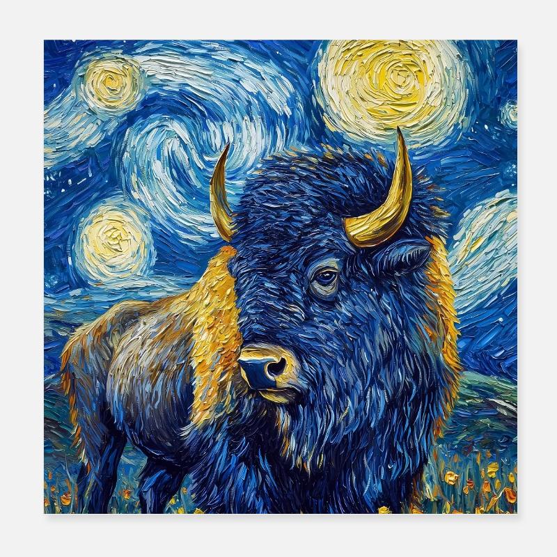 Bison Van Gogh Style Starry Night Poster 20x20 cm