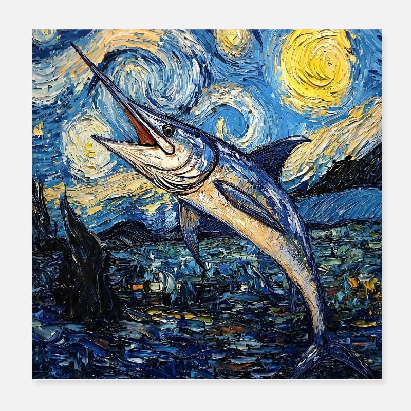 Marlin bleu, poisson étoilé à la Van Gogh Poster 20 x 20 cm