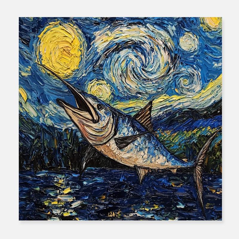 Marlin bleu, style Van Gogh, étoilé Poster 20 x 20 cm