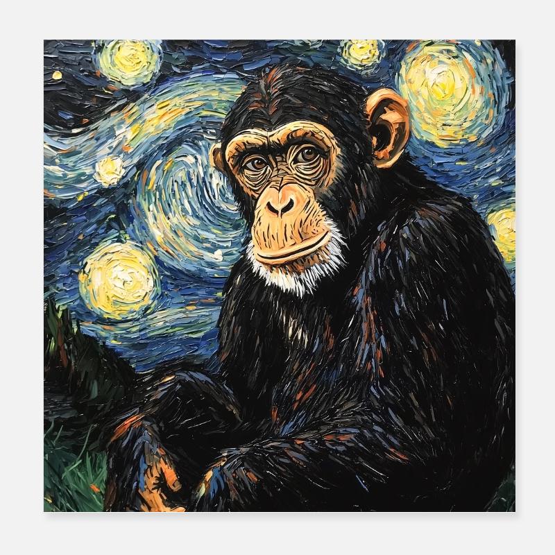 Affe Schimpanse Van Gogh Style Starry  Poster 20x20 cm