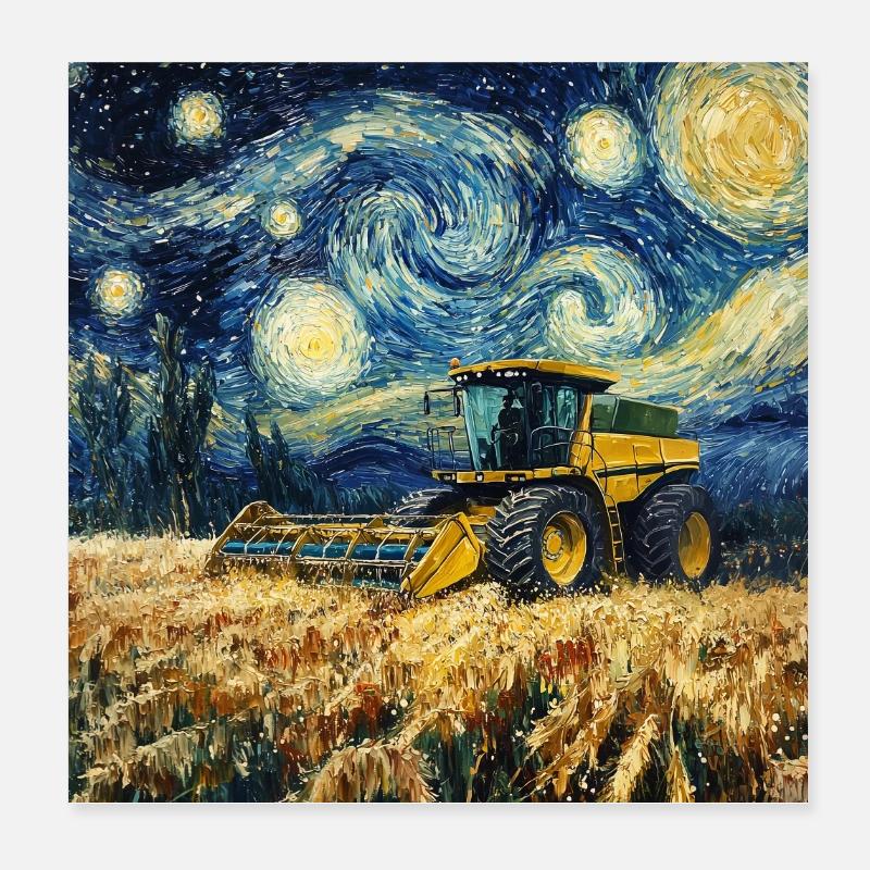 Combine Harvester Farmer Van Gogh Style Starry Poster 8" x 8" (20x20 cm)
