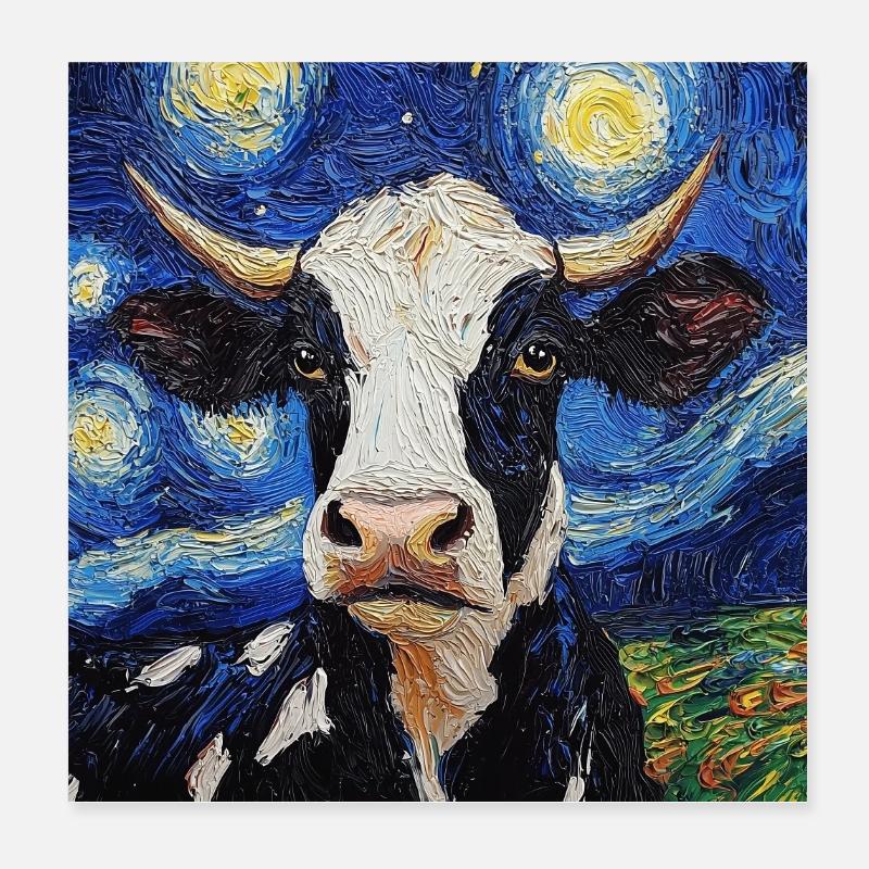 Vache, Vaches Style Van Gogh Étoilé Poster 20 x 20 cm