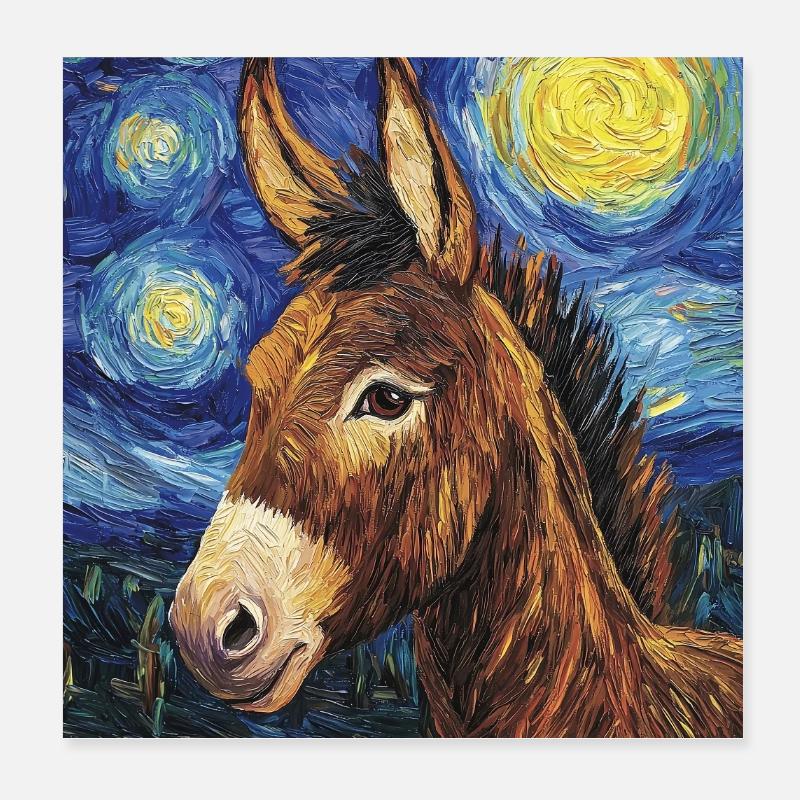 Esel Donkey Van Gogh Style Starry Night Poster 20x20 cm