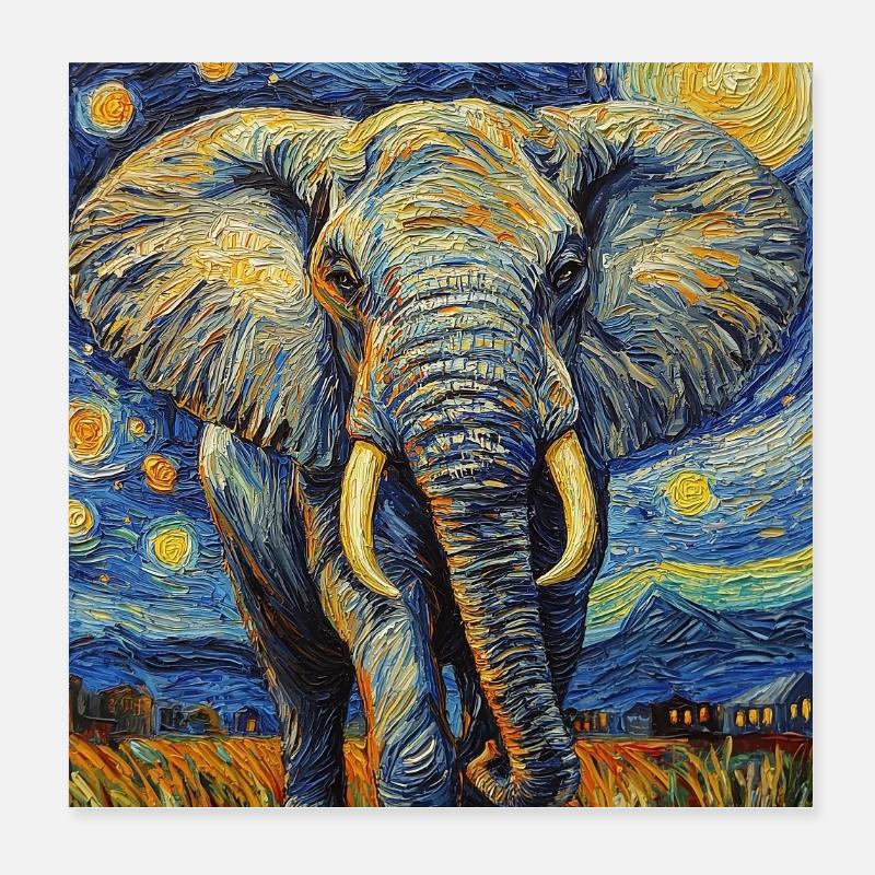 Éléphant Van Gogh Style Nuit étoilée Poster 20 x 20 cm