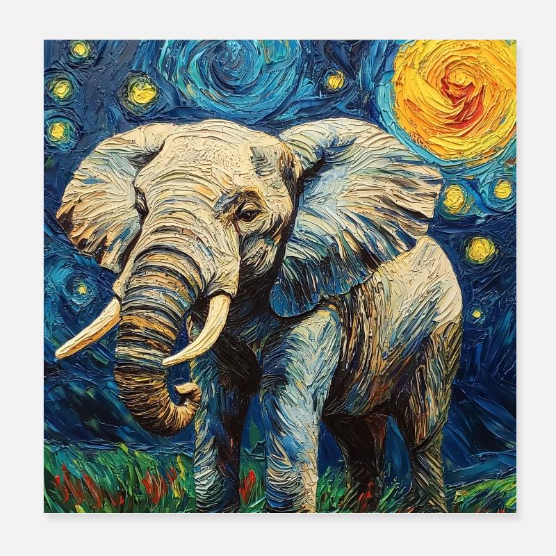 Éléphant Van Gogh Style Nuit étoilée Poster 20 x 20 cm