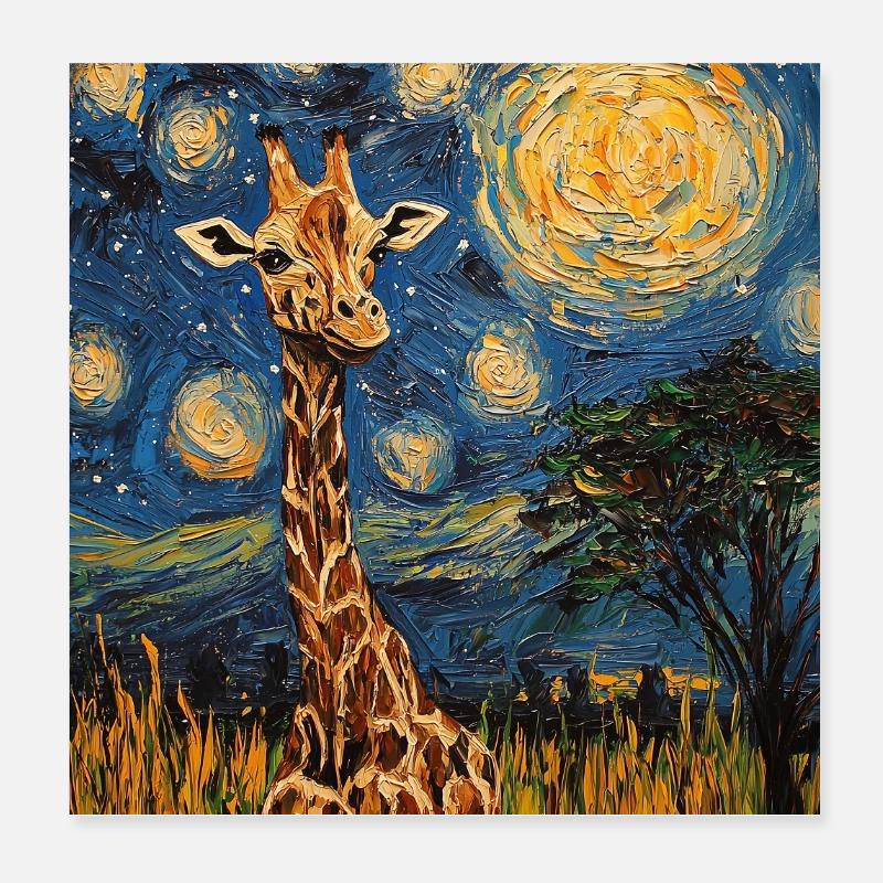 Giraffe Van Gogh Style Starry Night Poster 8" x 8" (20x20 cm)