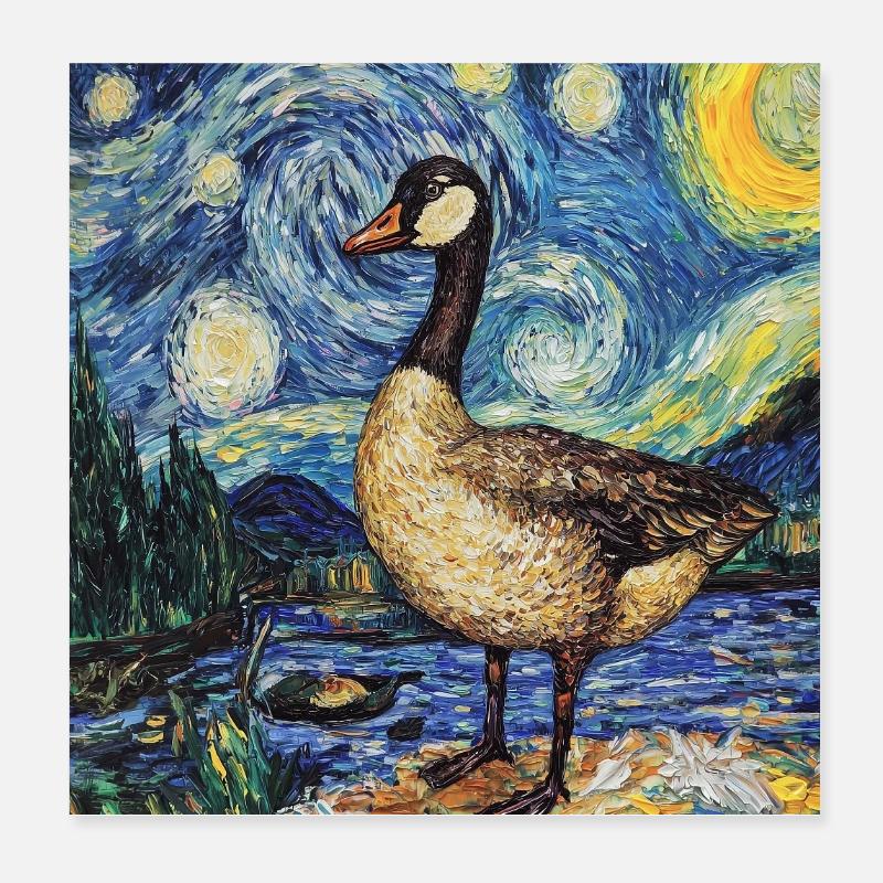 Goose Duck Bird Van Gogh Style Starry Night Poster 8" x 8" (20x20 cm)