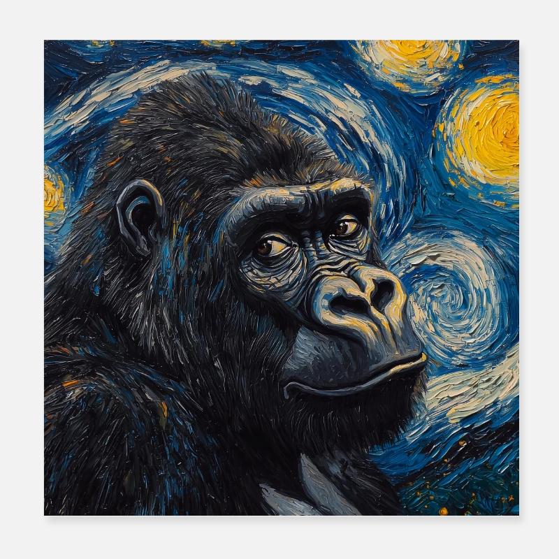 Gorille Gorille Singe Style Van Gogh Nuit étoilée Poster 20 x 20 cm