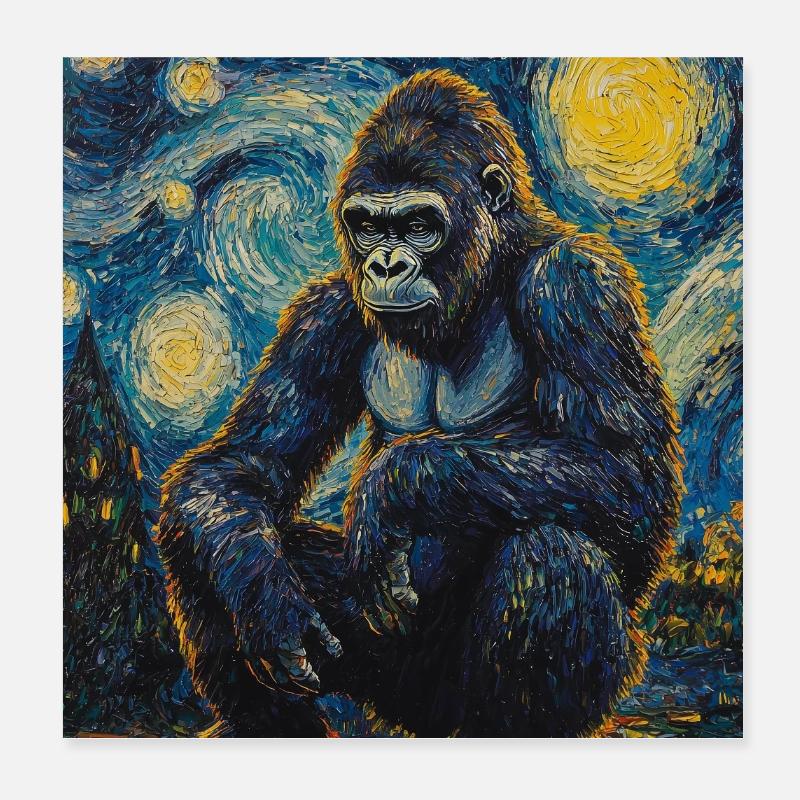 Gorille Gorille Singe Style Van Gogh Nuit étoilée Poster 20 x 20 cm