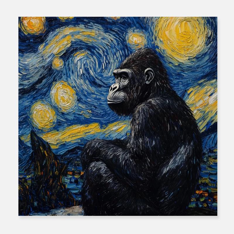 Gorille Gorille Singe Style Van Gogh Nuit étoilée Poster 20 x 20 cm
