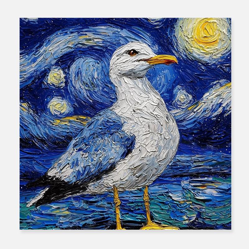 Möwe Vogel Van Gogh Style Starry Night Poster 20x20 cm