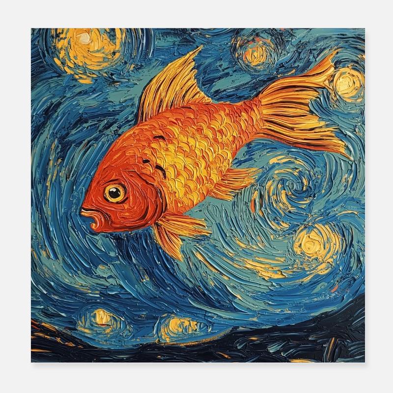 Goldfish Fish Van Gogh Style Starry Night Poster 8" x 8" (20x20 cm)