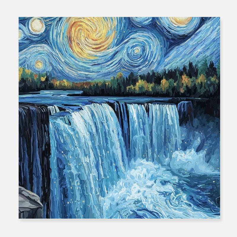 Niagara Falls Van Gogh Style Starry Night Poster 8" x 8" (20x20 cm)