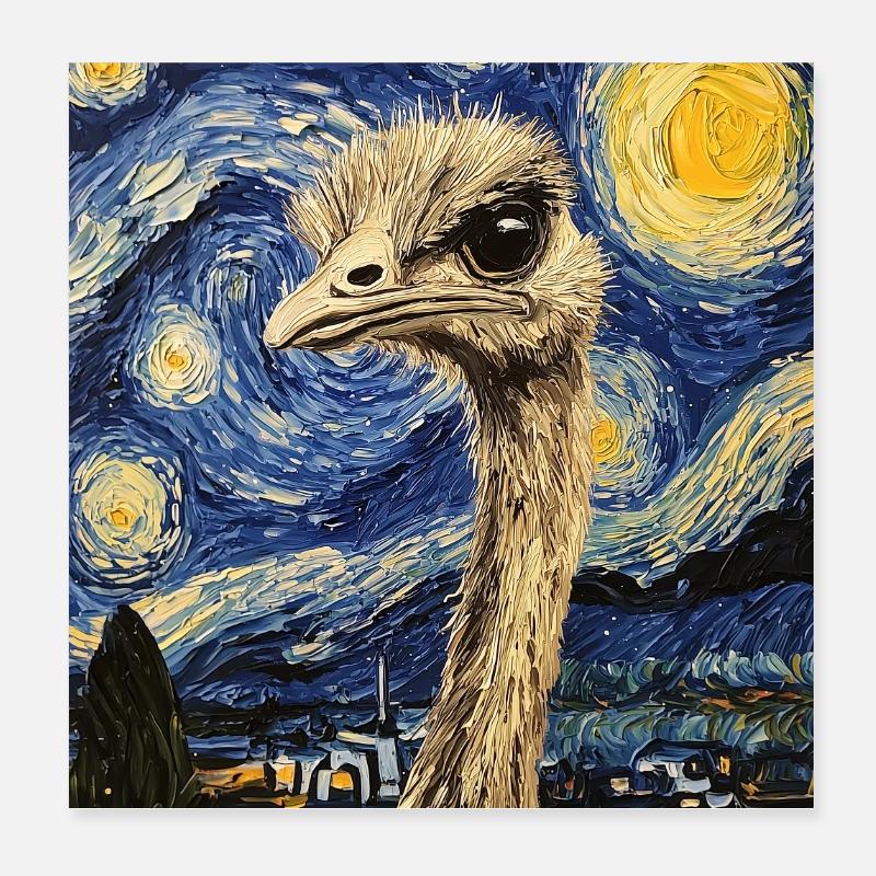 Oiseau Autruche Style Van Gogh Nuit étoilée Poster 20 x 20 cm