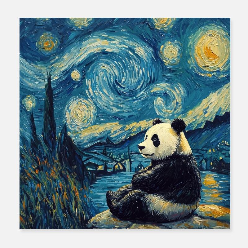 Panda Bear Van Gogh Style Starry Night Poster 8" x 8" (20x20 cm)