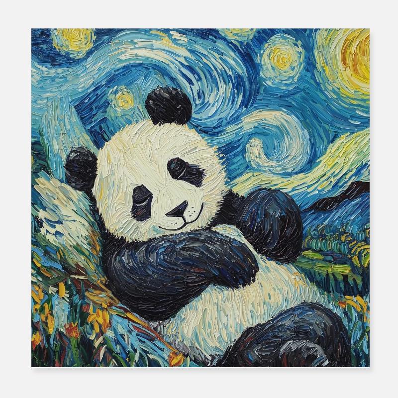 Panda Ours Style Van Gogh Nuit étoilée Poster 20 x 20 cm