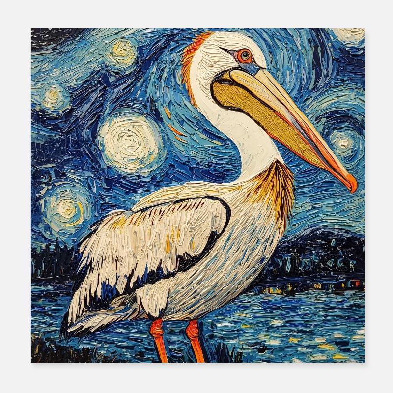 Pélican oiseau style Van Gogh Nuit étoilée Poster 20 x 20 cm