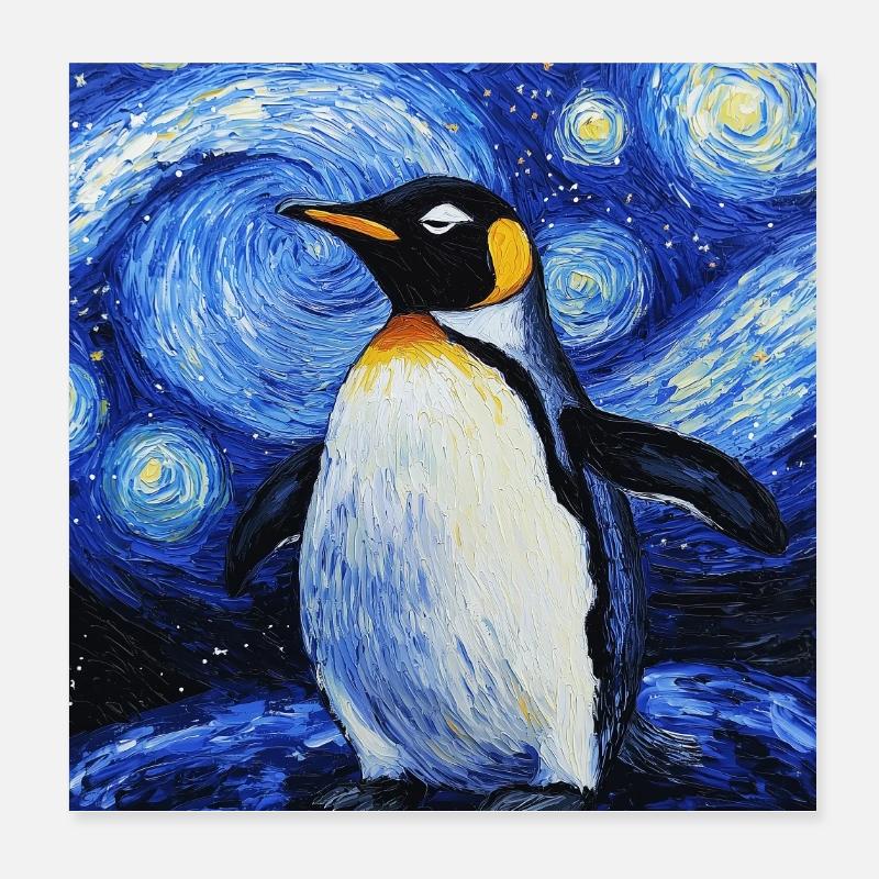 Pingouin oiseau style Van Gogh nuit étoilée Poster 20 x 20 cm