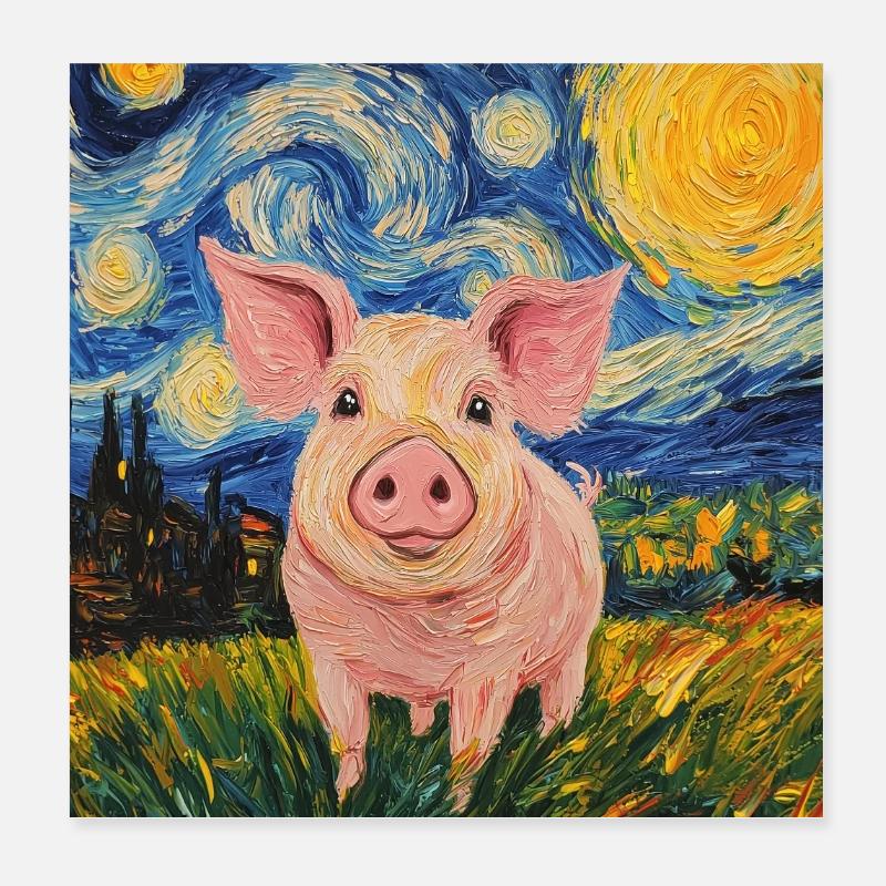 Schwein Ferkel Van Gogh Style Starry Night Poster 20x20 cm