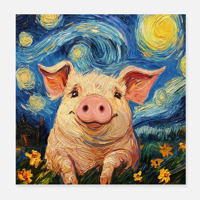 Pig Piglet Van Gogh Style Starry Night Poster 8" x 8" (20x20 cm)