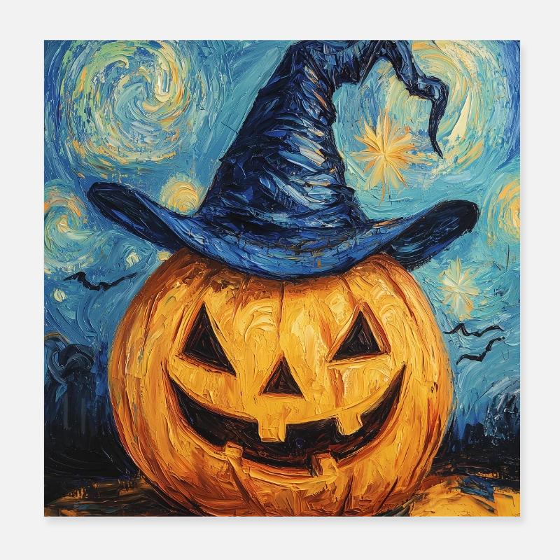Pumpkin Halloween Van Gogh Style Starry Night Poster 8" x 8" (20x20 cm)