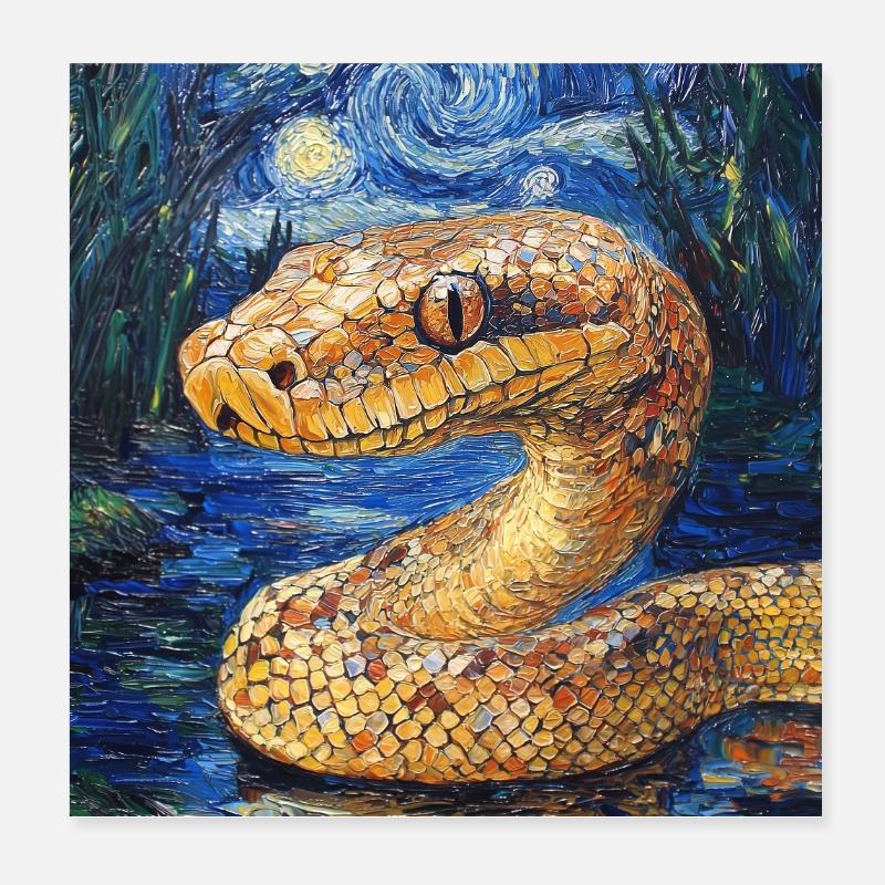 Snake Python Van Gogh Style Starry Night Poster 8" x 8" (20x20 cm)