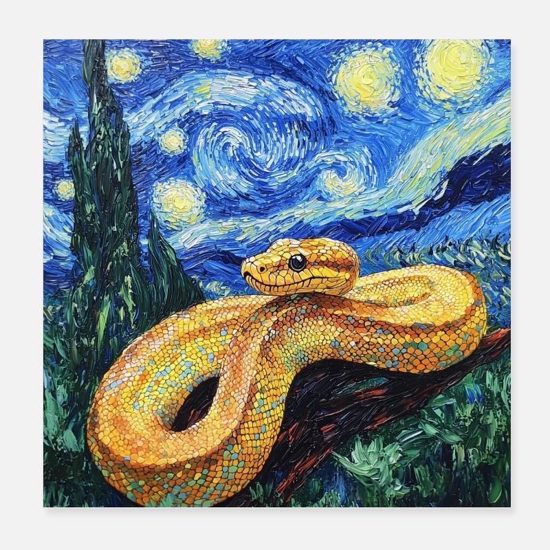  Schlange Python Van Gogh Style Starry Night Poster 20x20 cm