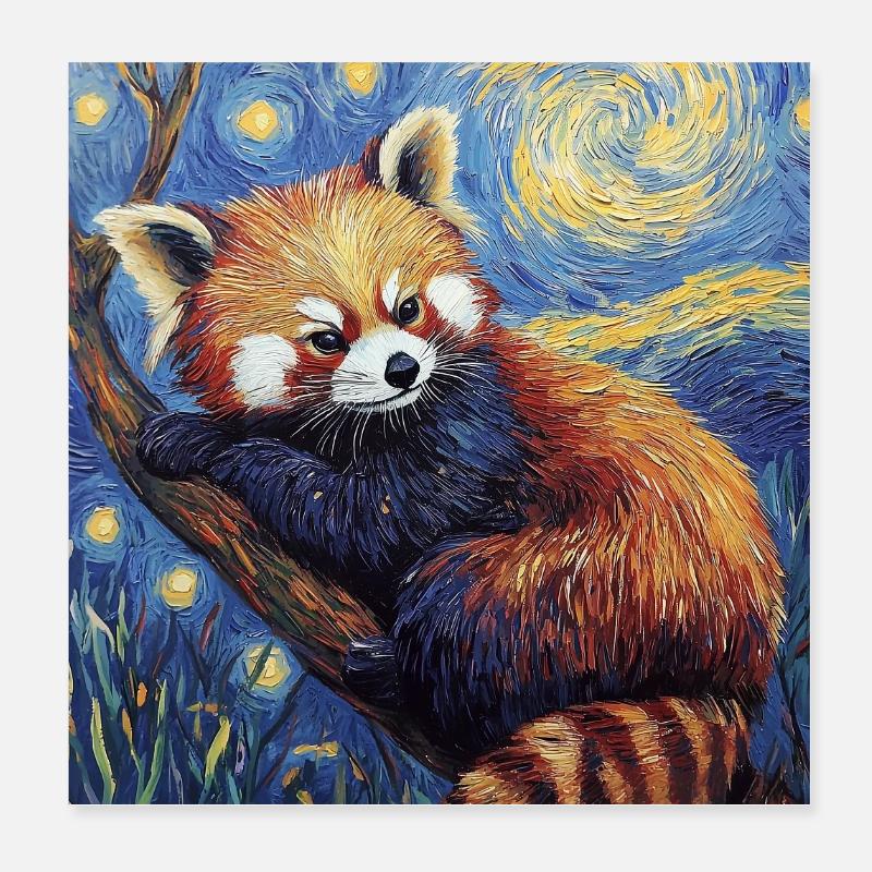 Red Panda Bear Van Gogh Style Starry Night Poster 8" x 8" (20x20 cm)