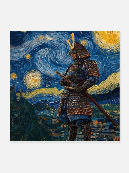 Samurai Japan Van Gogh Style Starry Night - Poster 20x20 cm - Weiß - Vorne