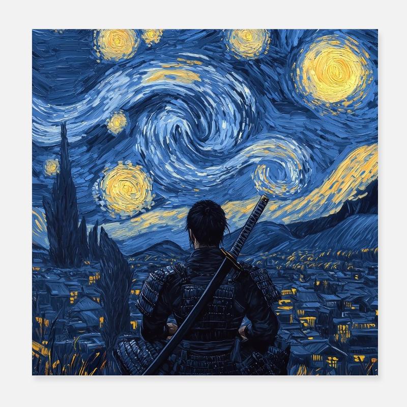 Samurai Japan Van Gogh Style Starry Night Poster 20x20 cm