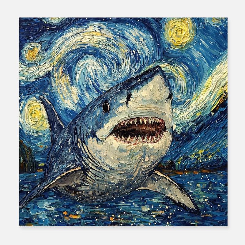 Requin Poisson Style Van Gogh Nuit étoilée Poster 20 x 20 cm