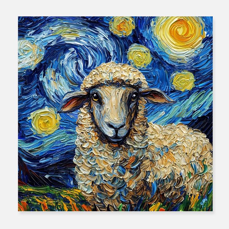 Sheep Van Gogh Style Starry Night Poster 8" x 8" (20x20 cm)