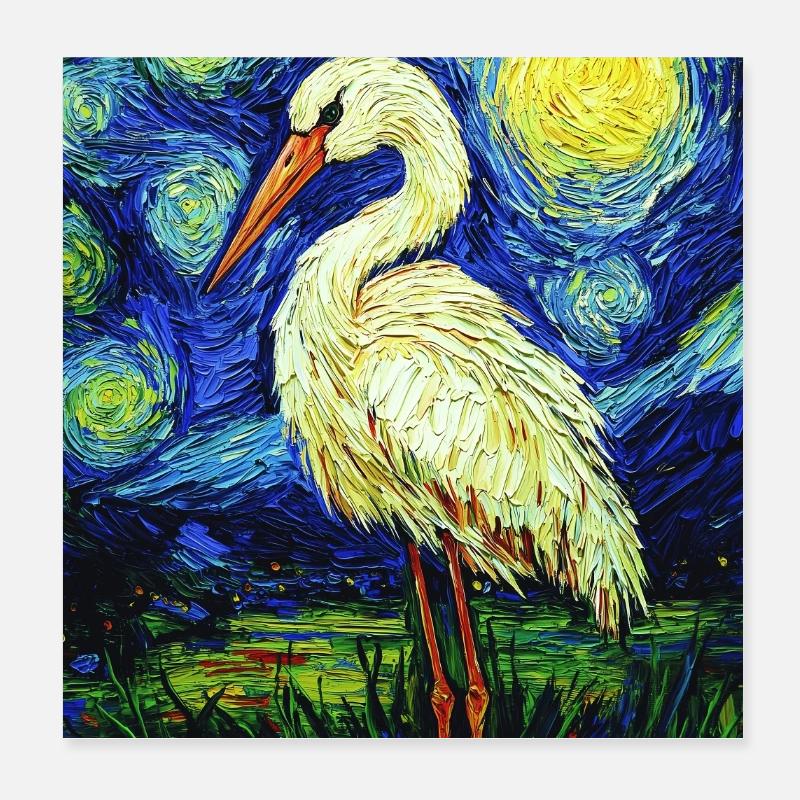 Stork Bird Van Gogh Style Poster 8" x 8" (20x20 cm)