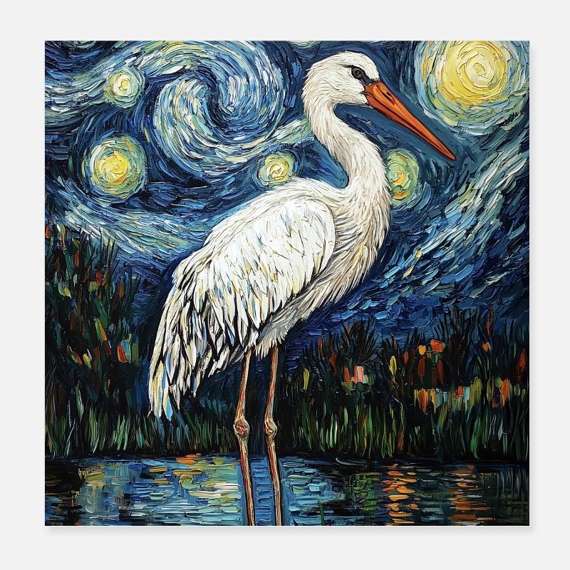 Cigogne Oiseau Style Van Gogh Poster 20 x 20 cm