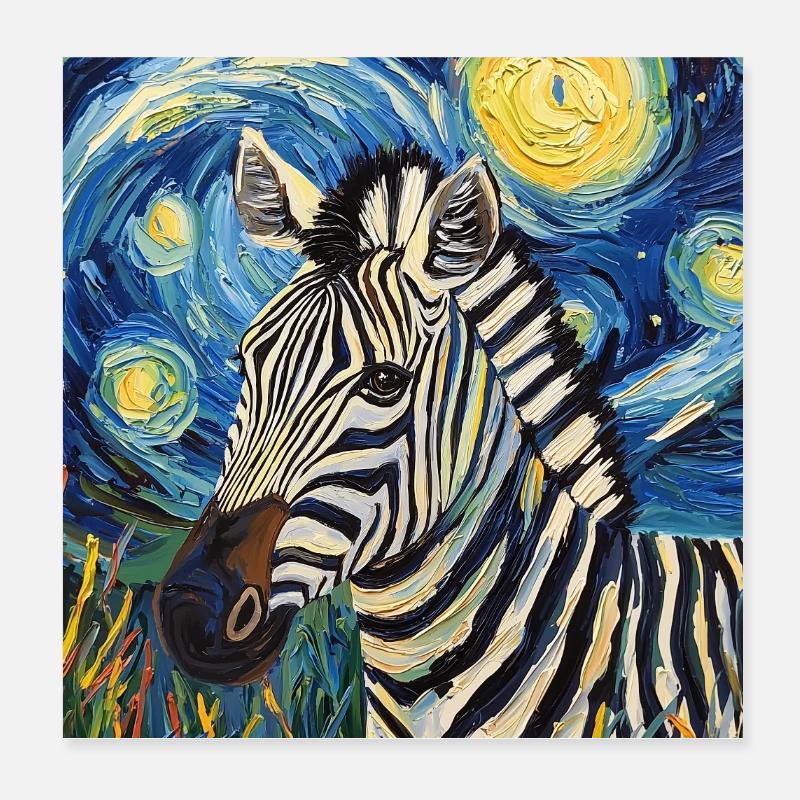 Zebra Van Gogh Style Starry Night Poster 8" x 8" (20x20 cm)