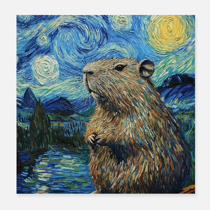Capybara Van Gogh Style Starry Night Poster 20x20 cm