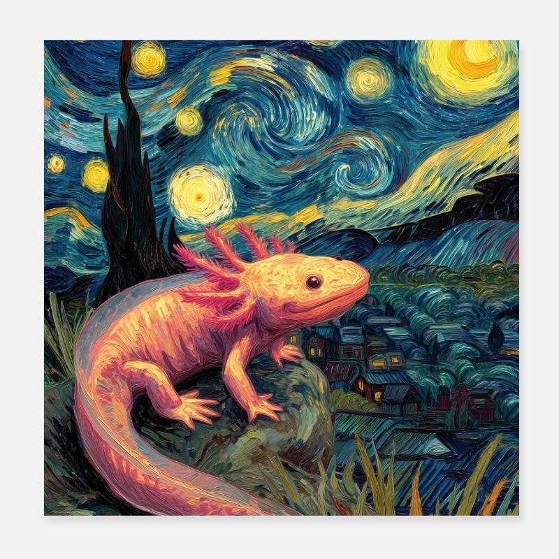 Axolotl Van Gogh Starry Night Poster 20x20 cm