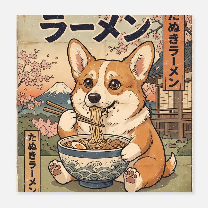 Corgi Ramen style vintage japonais Poster 20 x 20 cm