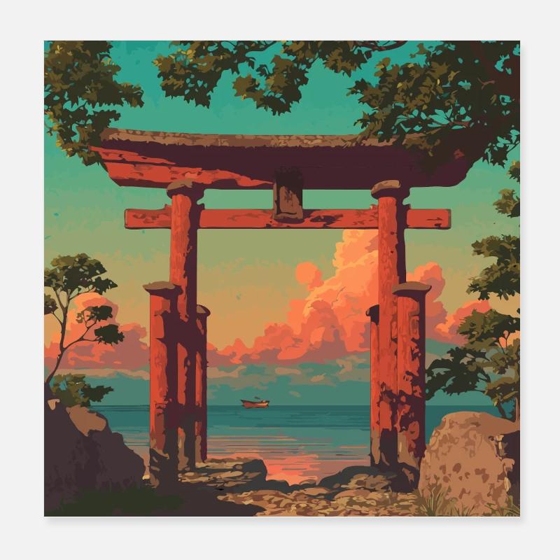 Sunset Torii Gate by the Shore Poster 8" x 8" (20x20 cm)